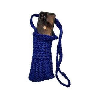 Hand Crafted hand knit crochet cellphone crossbody bag boho style electric blue
